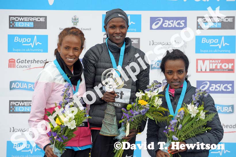 From left to left: 2nd Meseret Defar, winner Priscah Jeptoo and 3rd Tirunesh Dibaba in the womens BUPA Great North Run.